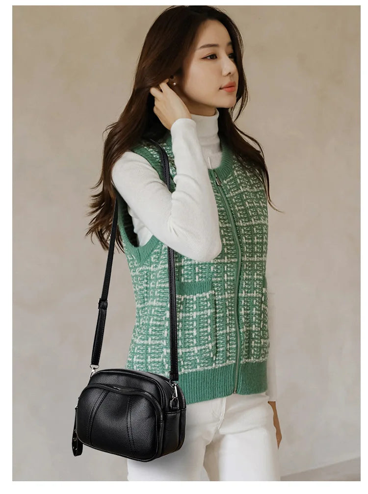Solid Color Fashionable Rivet Zipper Women's Mobile Phone Bag Simple Soft Leather Shoulder Crossbody Small Square Bag Handbag