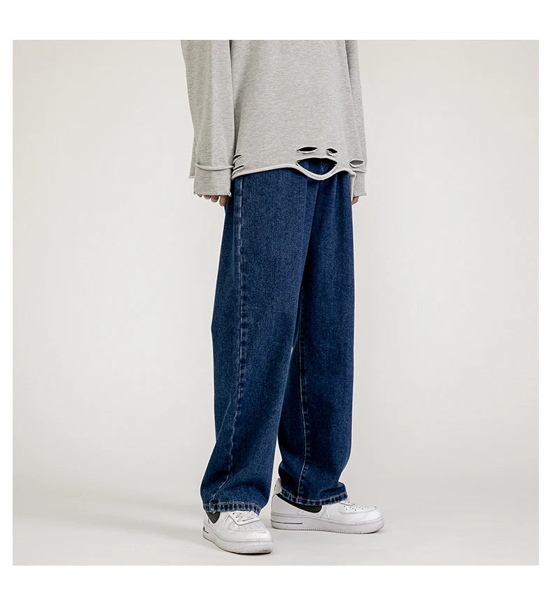 2023 New Korean Fashion Men's Baggy Jeans Classic Unisex Man Straight Denim Wide-leg Pants Hip Hop Bagy Light Blue Grey Black