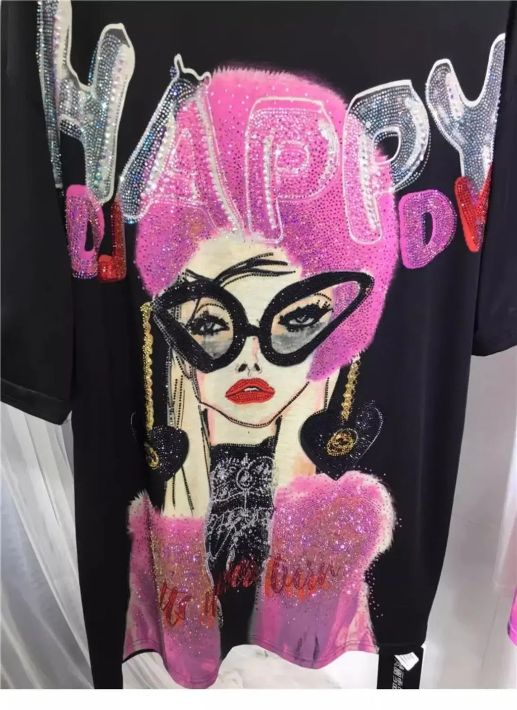 L-4XL Plus Size Casual T Shirts for Women Cartoon Lady Rhinestone Summer Short Sleeve Loose Tops Womens Clothing Женская Одежда