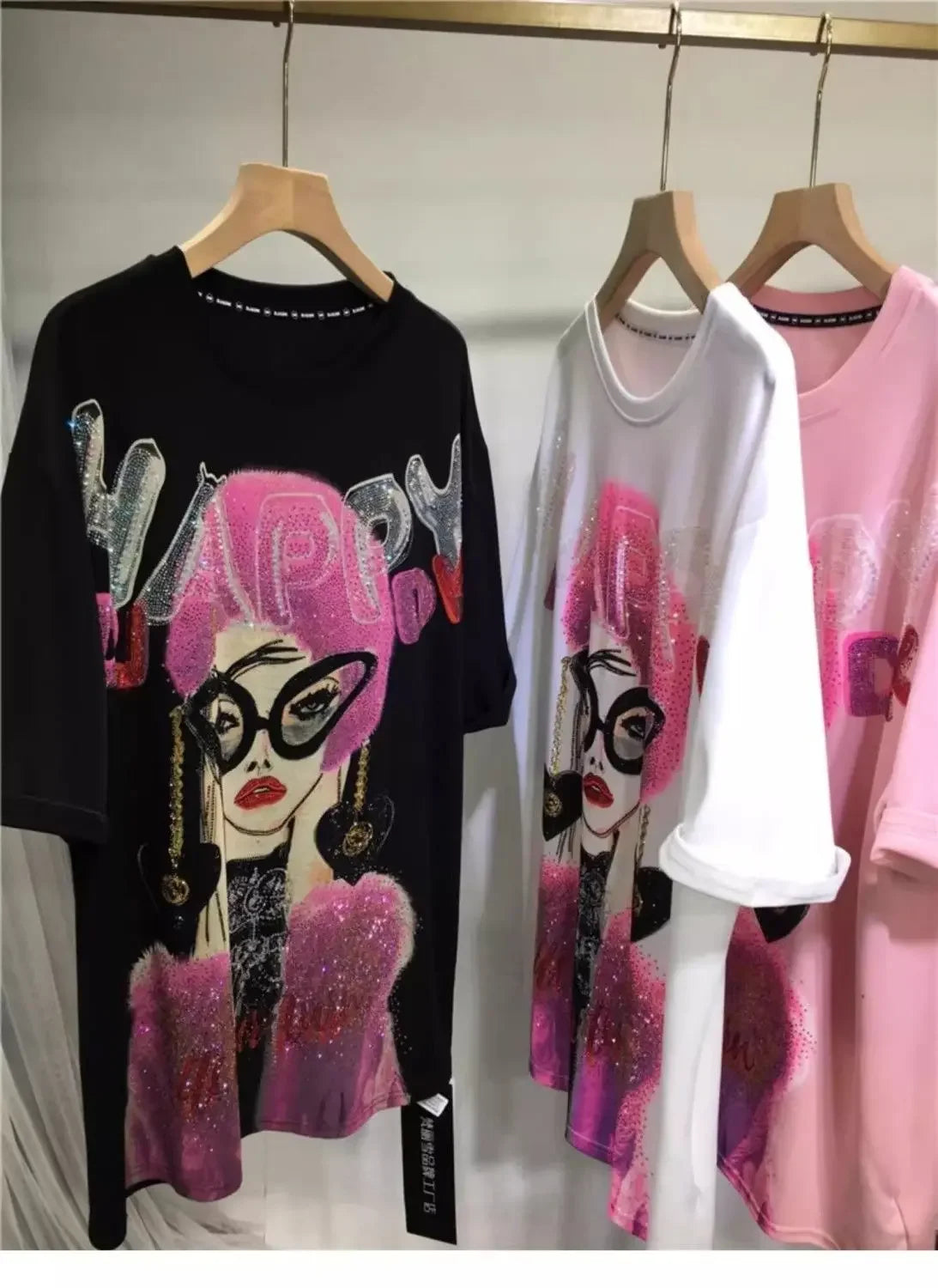 L-4XL Plus Size Casual T Shirts for Women Cartoon Lady Rhinestone Summer Short Sleeve Loose Tops Womens Clothing Женская Одежда