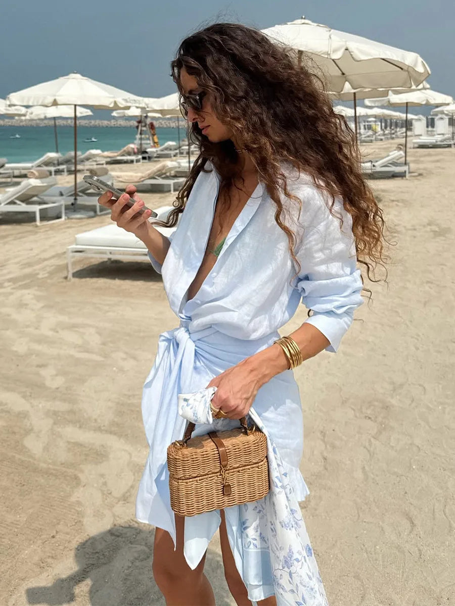 Bornladies 2026 Summer Women's Resort Lazy Style Shirt Dress Solid Color Tie Front Collared Bodycon Summer Dress