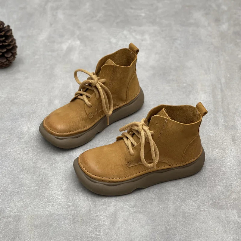 Johnature Retro Genuine Leather Short Boots 2026 Autumn/winter New Wide Toe Lace Up Cowhide Soft Sole Women's Boots