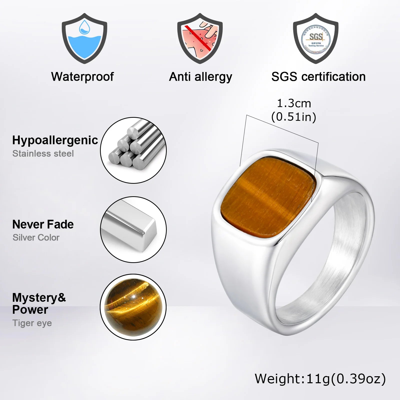 Stylish Square Natural Stone Ring for Men,Waterproof Stainless Steel Signet Ring,Birthday Party Gift for Him Dad