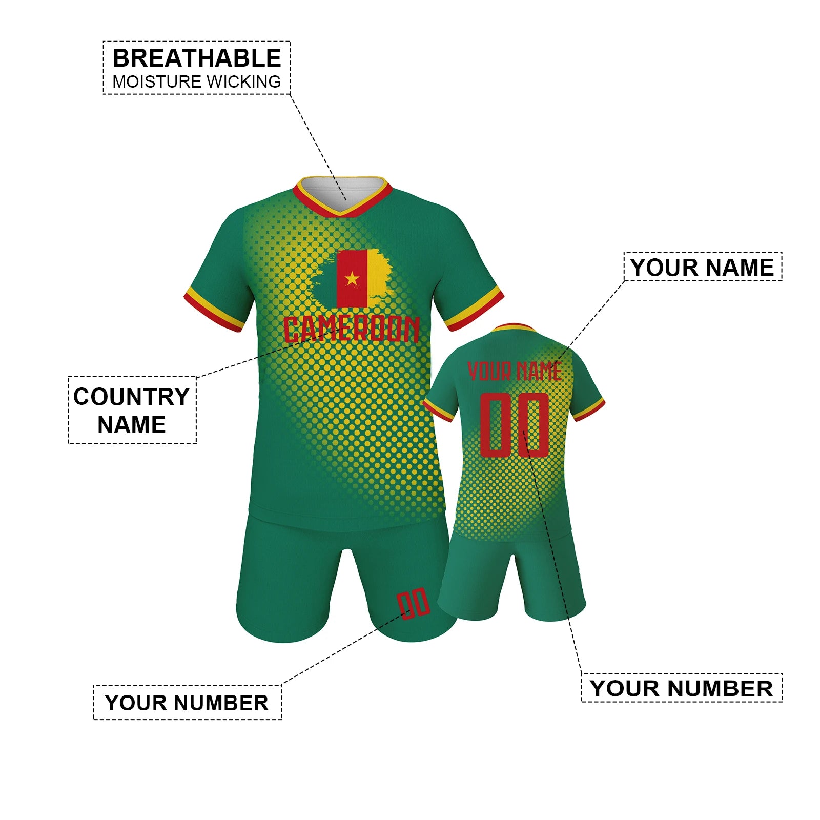 Personalized Kids Soccer Jersey Cameroon National Jersey Boys Girls Youth Team Training Uniform Custom Name Number Shirt Shorts