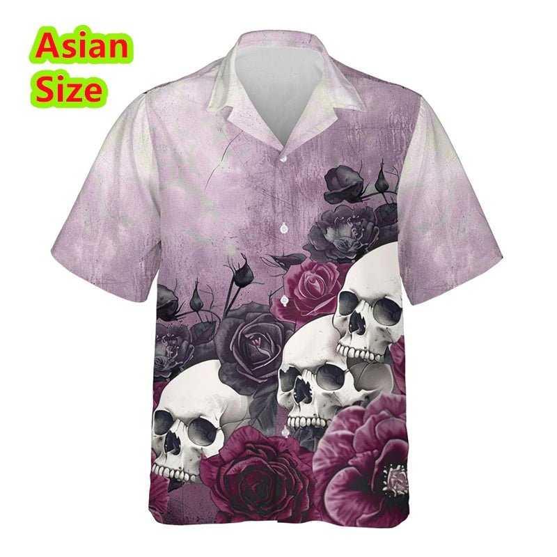 Man Shirt Horror Skull Flower 3D Print Men's Clothing Summer Casual Hawaii Beach Hawaiian Harajuku Hip Hop Holiday Shirt Tops