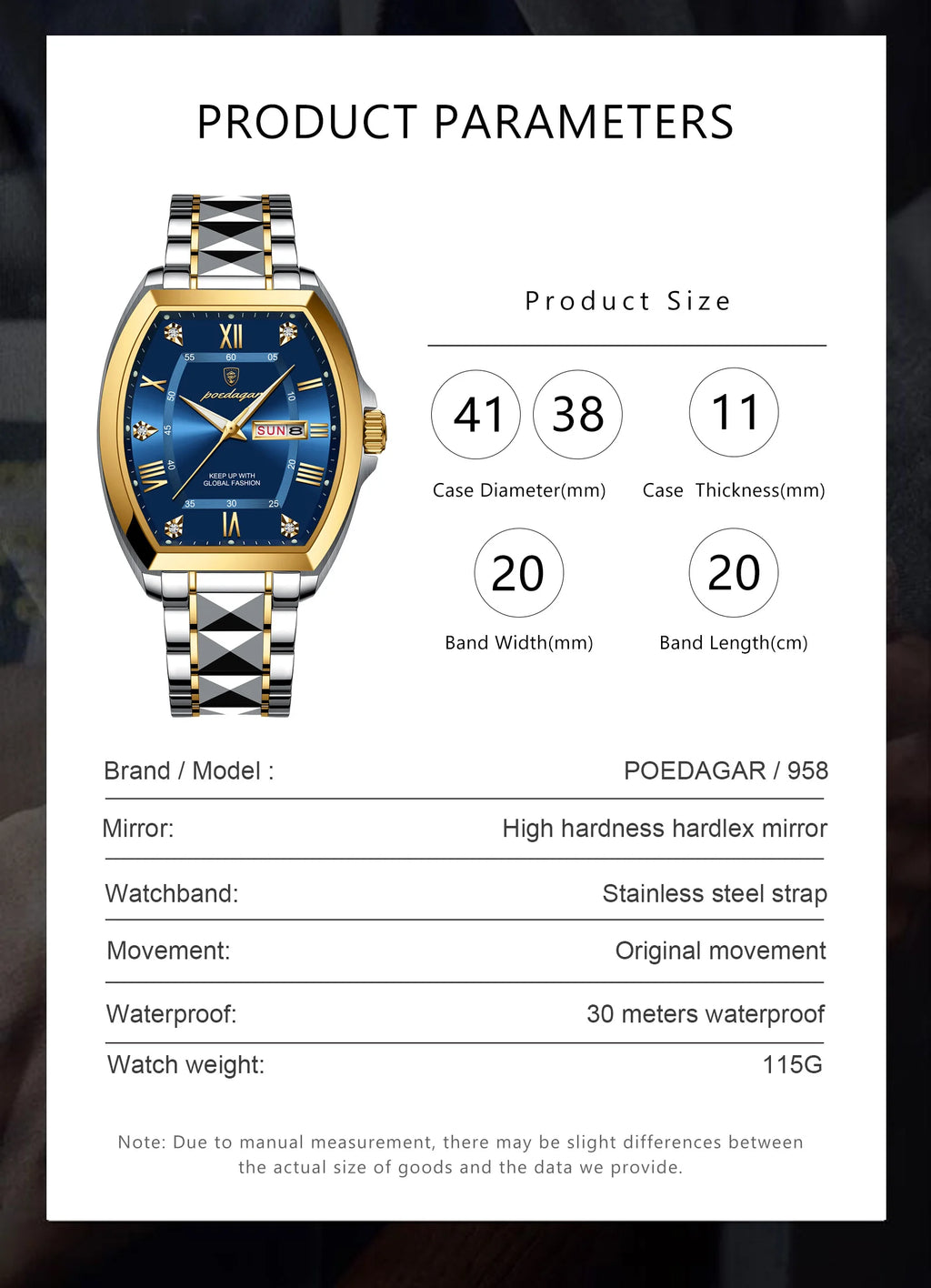 POEDAGAR Luxury Tonneau Men Watch Luminous Waterproof Date Week Man Watch Stainless Steel Fashion Original Men's Quartz Watches