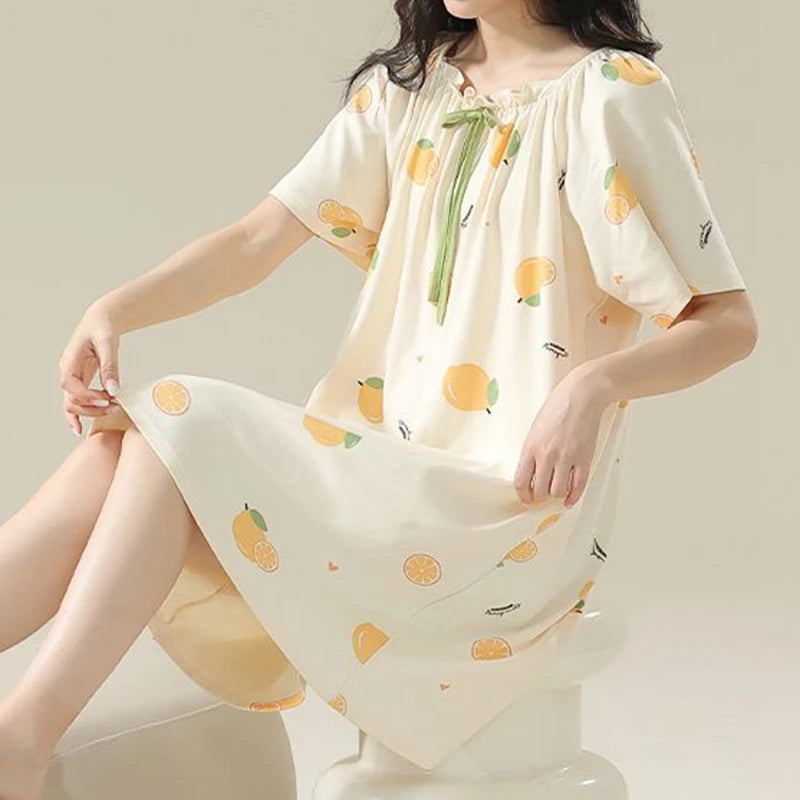 100% COTTON! SUKAE Summer New Women Lovely Sleepshirt Fashion Nightgowns Leisure Dress Casual Nightdress Short Sleeves Nightgown