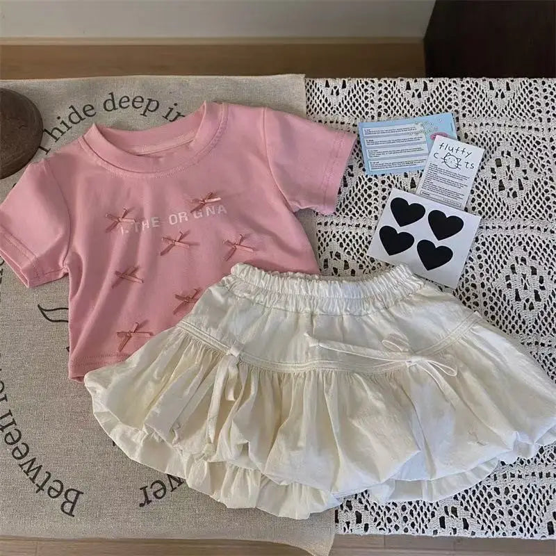 Girl's Sweet 2Pcs Set Summer Children Infants Kids Baby Ballet Princess Bow Top T-shirt+Flower Bud Skirt Suits