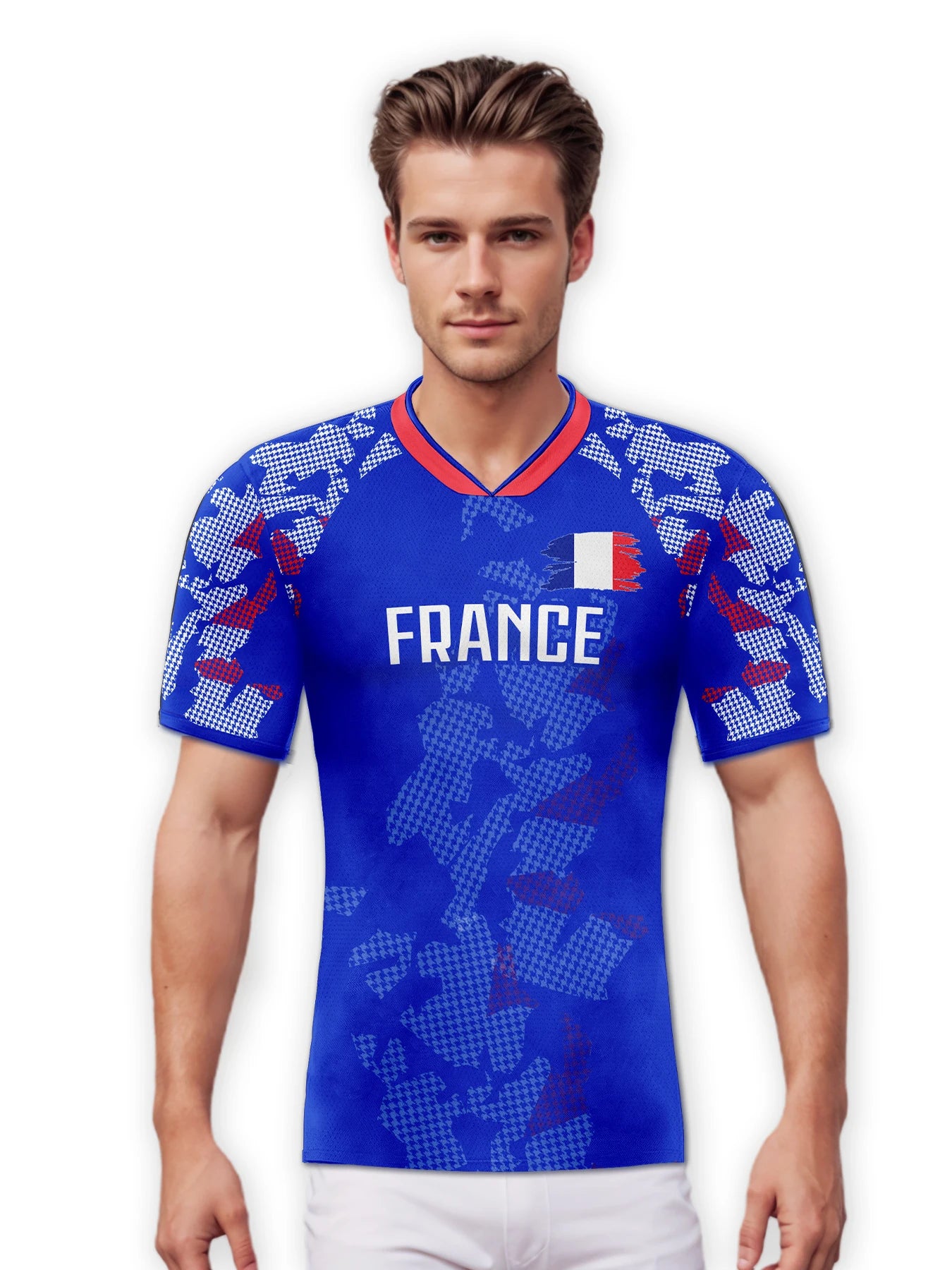 Custom France Soccer Jersey Personalized Name Number, National Team Football Shirt V-Neck Flag Design for Men Youth Women