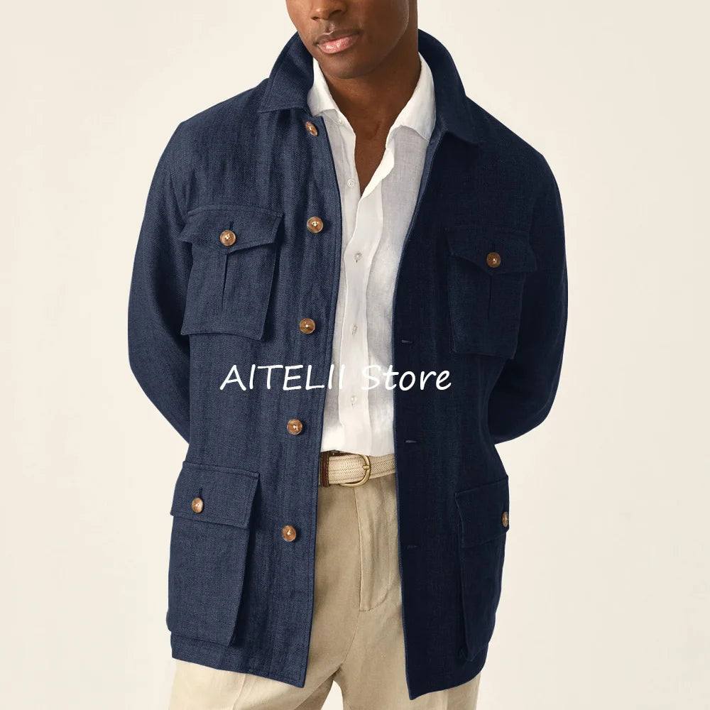 Suit Jackets Linen Elegant Sack of Man Men's Jacket Blazers for Man Lapel Suits Single-breasted Casual Clothes Four Pockets