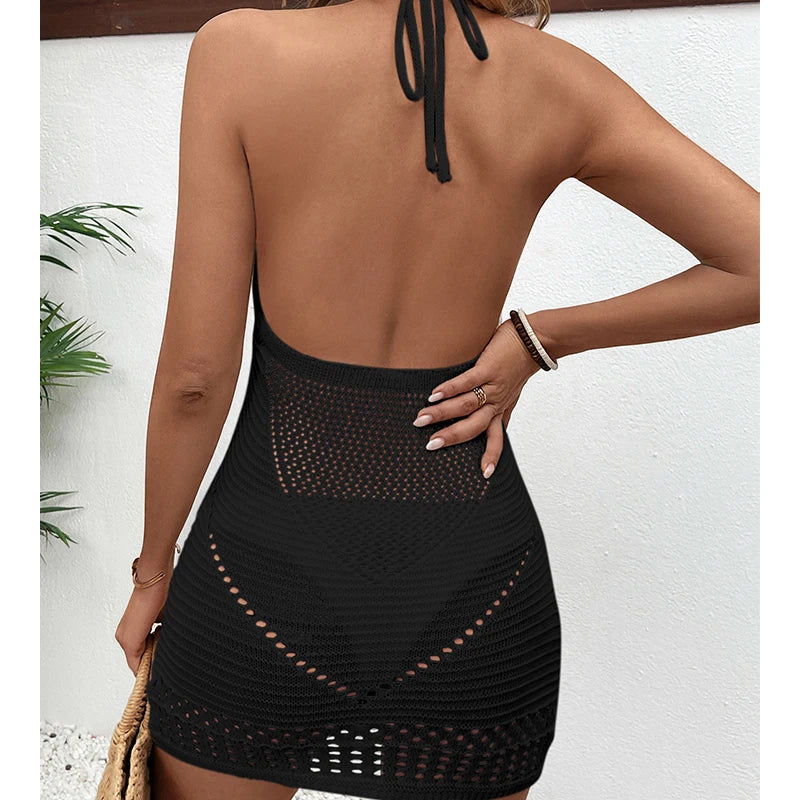 New Style Sexy Backless Tie Up Halter Dress Knitted Hollow Out Swimsuit Cover Up Women Beach Vacation U-Collar Sunscreen Dress