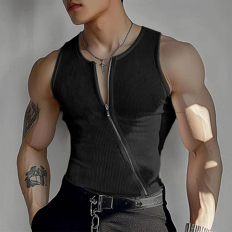 2025 Men Tank Tops Solid Color Knitted Zipper Sleeveless Male Vests Summer Streetwear Skinny Fashion Men Clothing S-3XL INCERUN