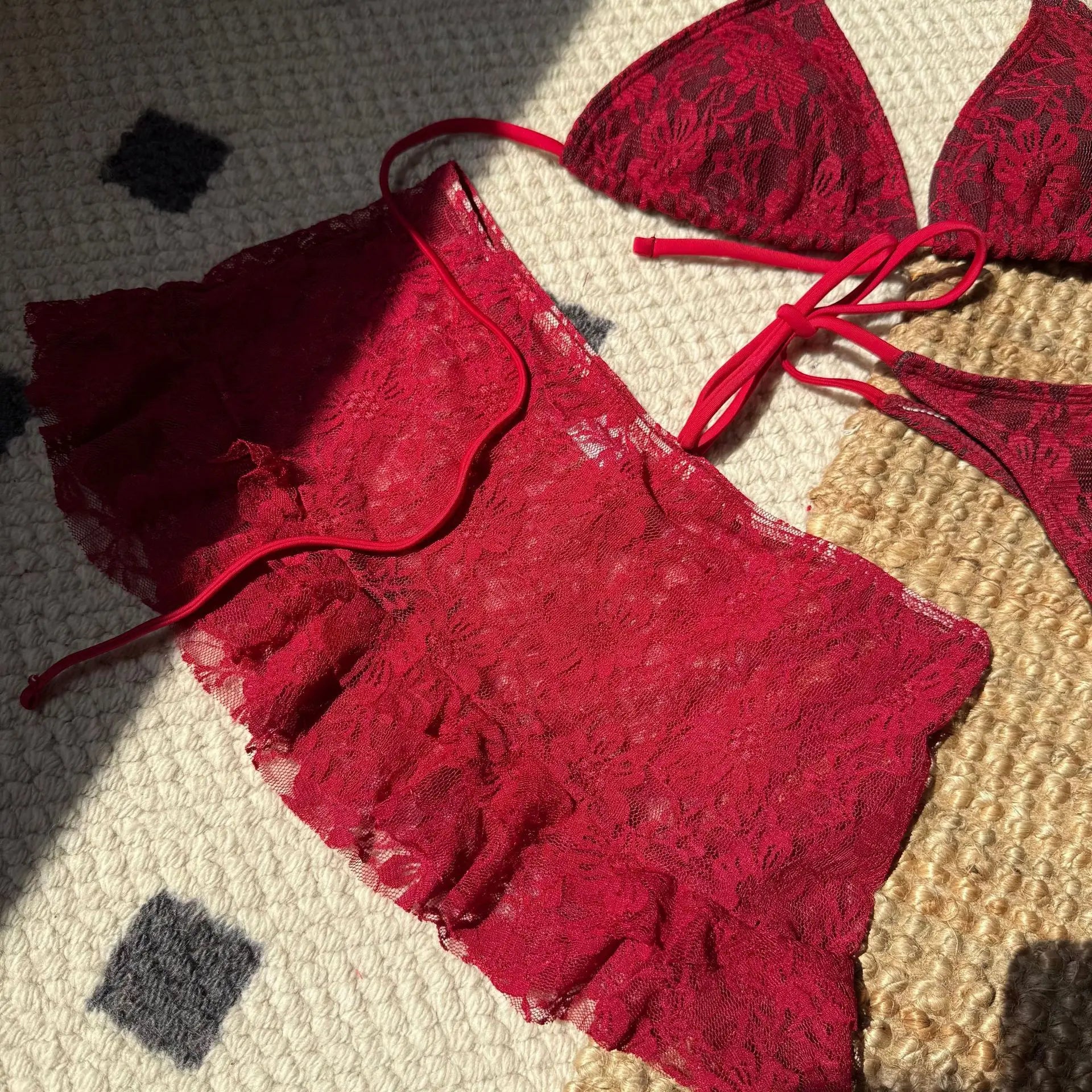 sexy lace micro mini string halter tie bikinis sets 3pcs with ruffles mini skirt black red color swimwear swimsuit bathing suit