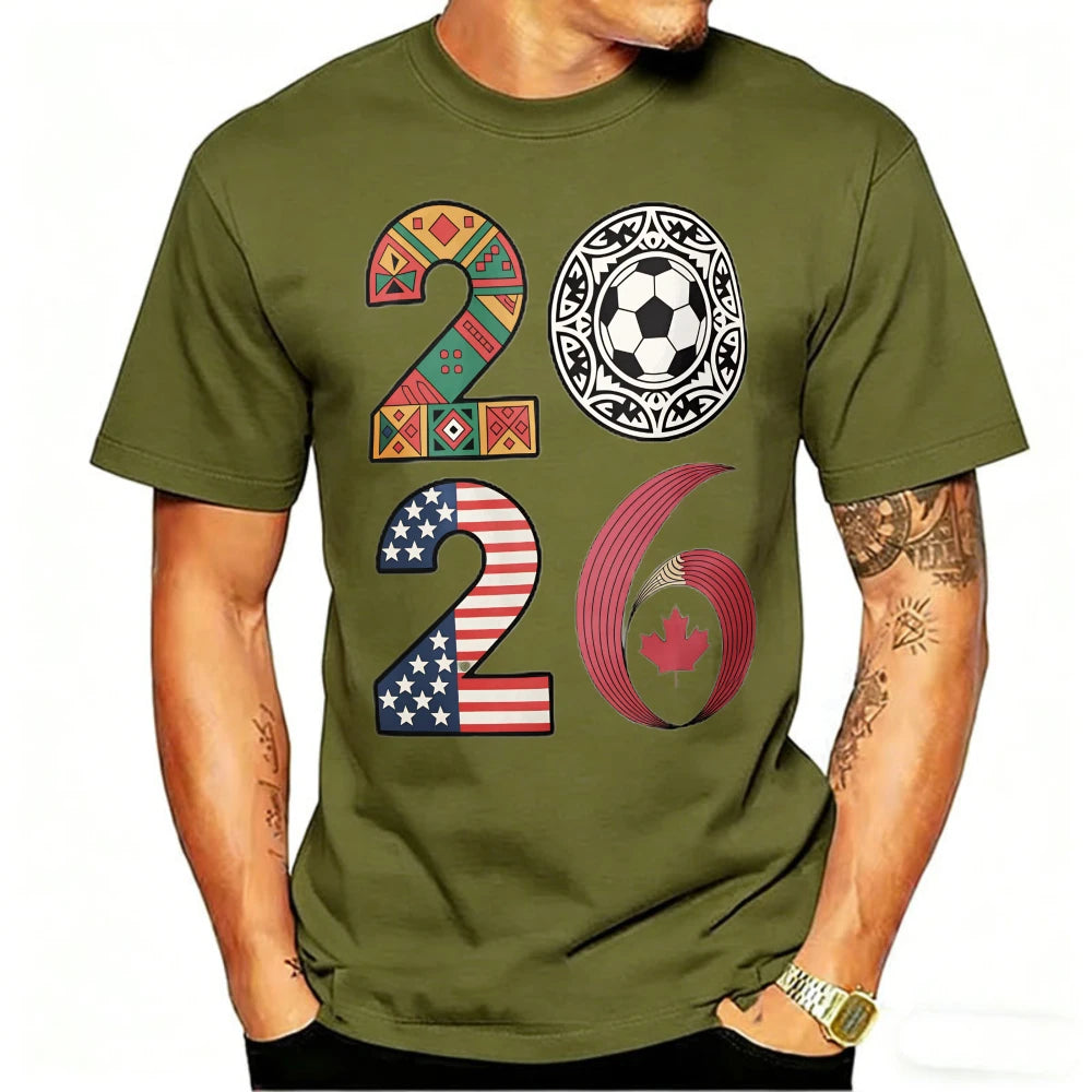 2026 USA Canada Mexico Soccer T-Shirt Cotton Shirt Tribal & Flag Graphic Tee, Ideal Gift for North American Football Enthusiasts
