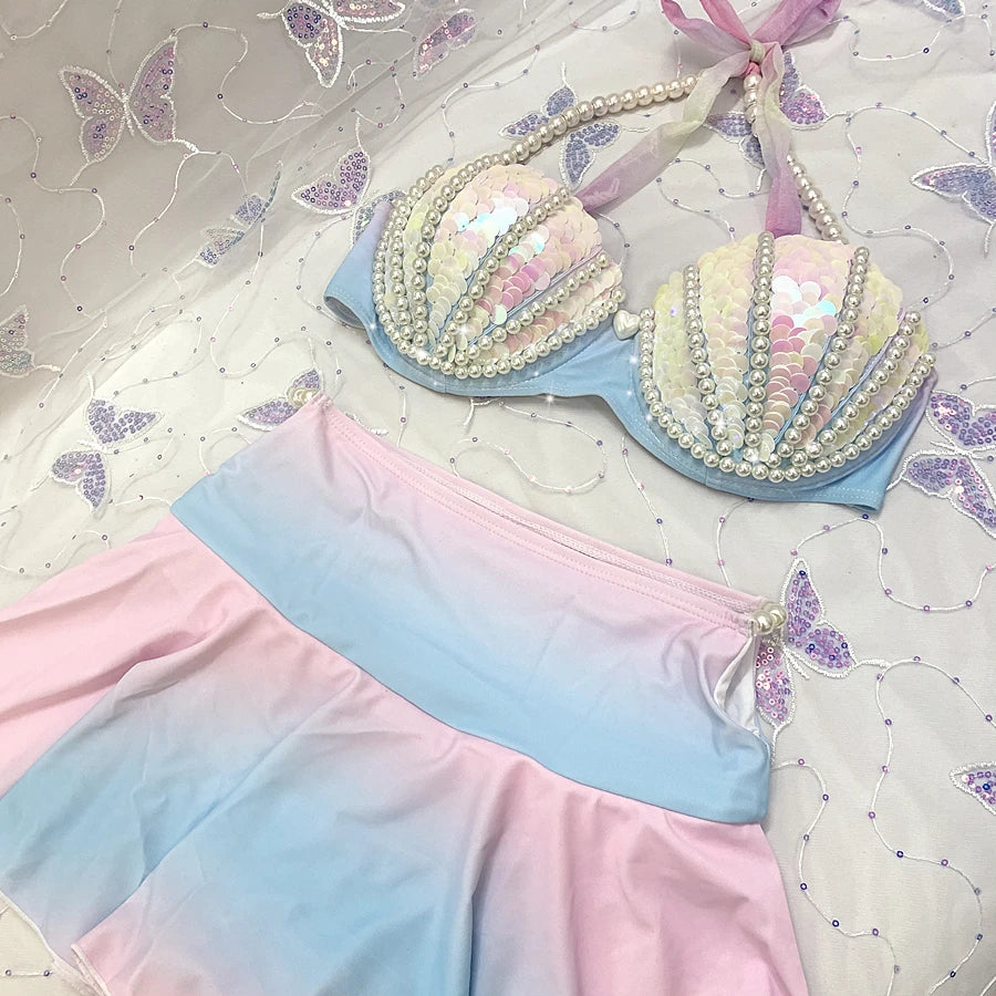 RM Mermaid Sequin Corset Bikini Swimsuit Free Diving Performance Oceanarium Electro Festival Bra Bar Cos Costumes
