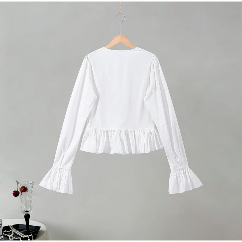 Elegant Chic Ruffle Hem Women's Shirt Flare Sleeve Single Breasted Drawstring Pleat Cropped Shirts 2026 Spring Summer Lady Top