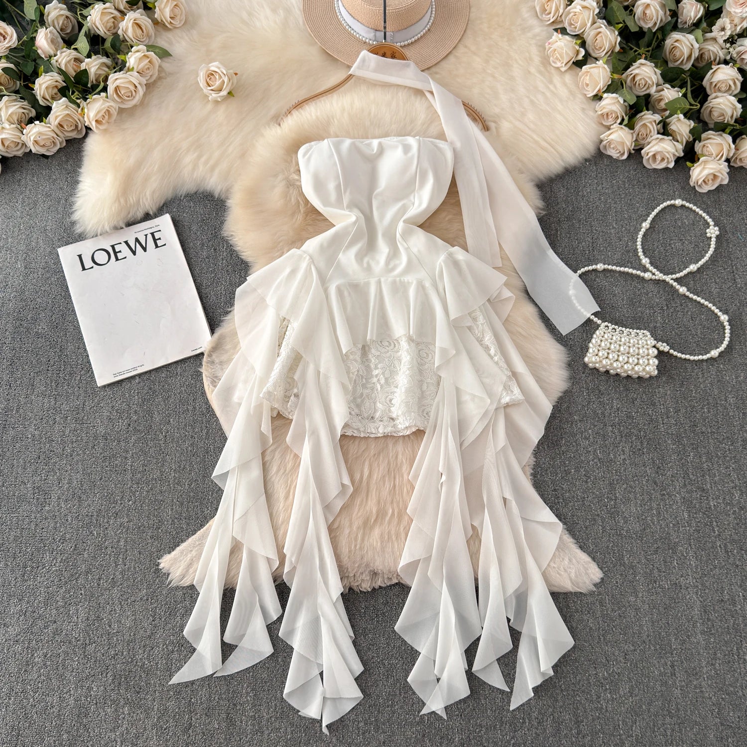 Foamlina French Style White Strapless Dress Women Summer Lace Irregular Flanged Ribbon Design Girl's Holiday Shopping Dresses