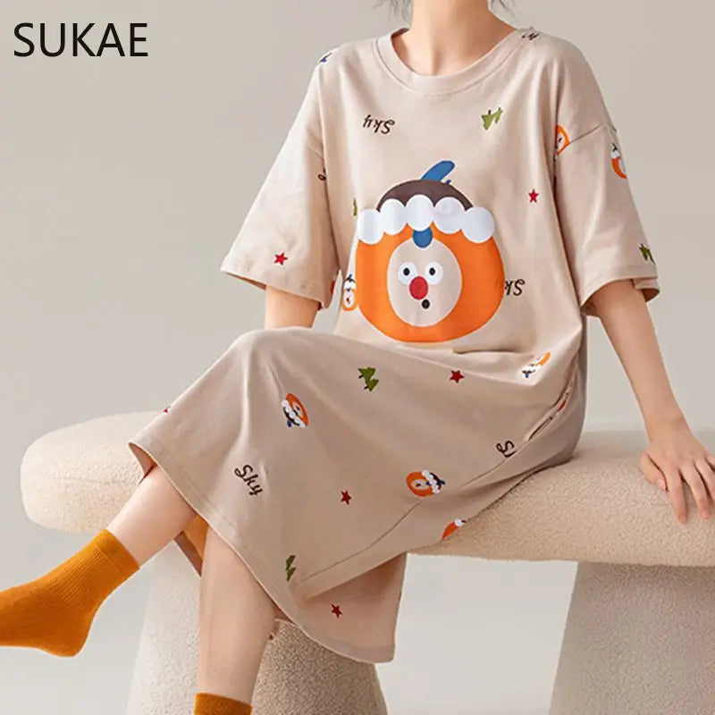 100% COTTON! SUKAE Summer New Women Lovely Sleepshirt Fashion Nightgowns Leisure Dress Casual Nightdress Short Sleeves Nightgown