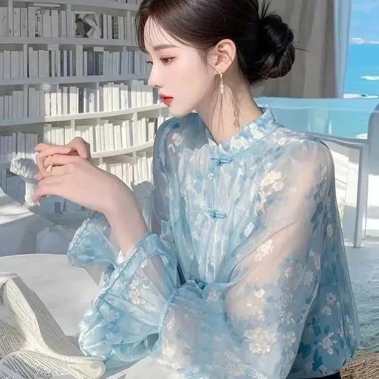 Ele Floral Long Sve Chiffon irt Women's Spring Summer New Sle Super Fairy Unique Anti-Aging Faionable Top