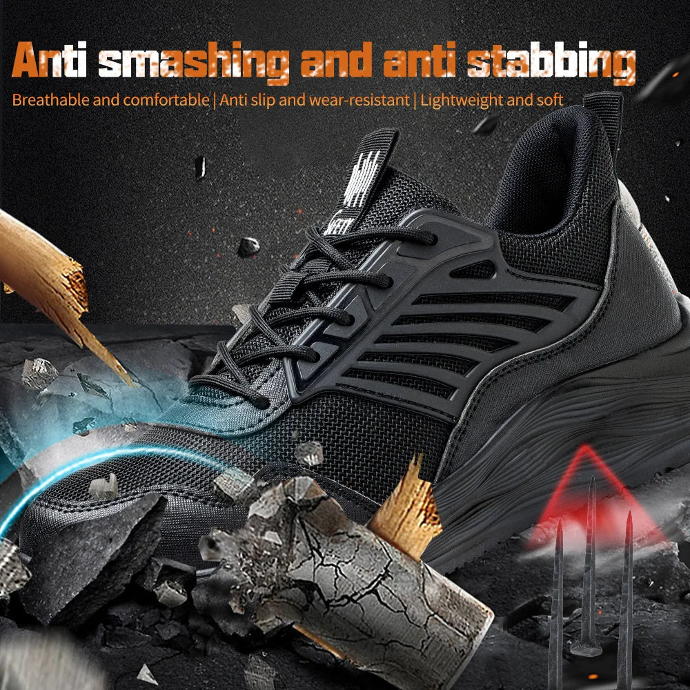 Men's Waterproof Steel Toe Shoes Safety Shoes Anti Compression Anti Puncture Comfortable Protection Pure Black Work Shoes