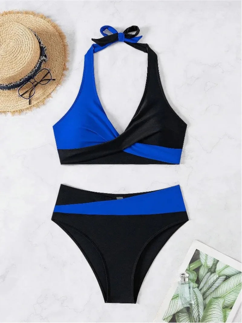 New Sexy Backless Bikini Cross Strap Color Collision Swimwear Women Split Bikini Set Two Pieces Bathing Suit Beachwear Swimsuit