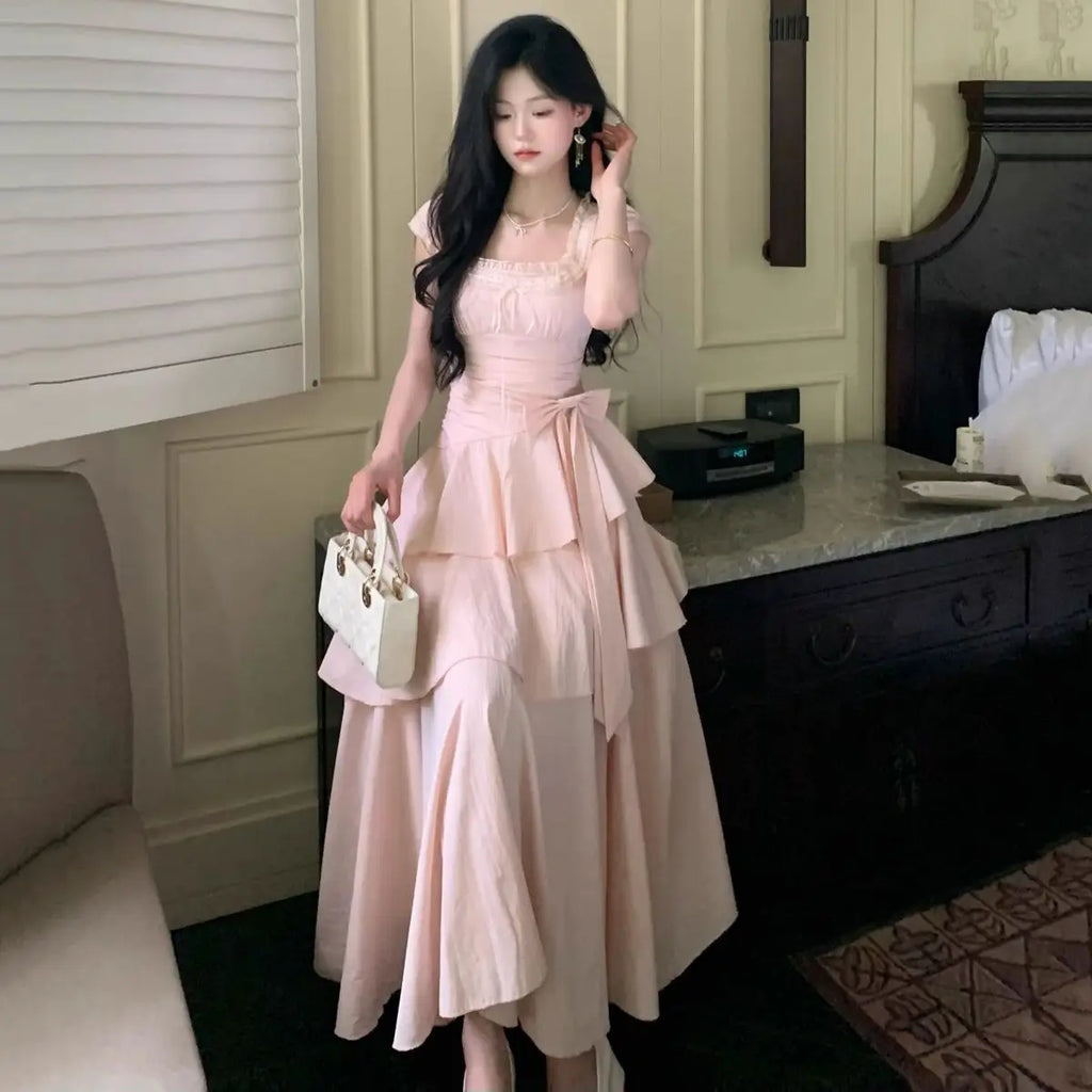 Pink Square Collar Korean Style Long Dress Women Japan Style Sweet Elegant Fairy Dress Female Fashion Summer Casual Party Dress
