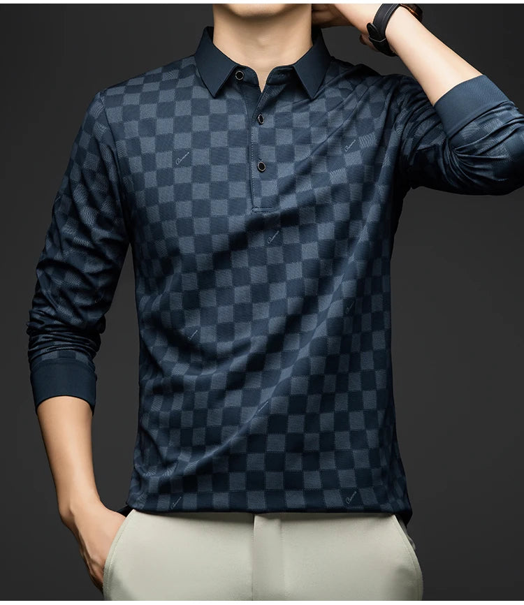 BROWON Polo Shirts for Man Autumn Business Slim Fit Long Sleeve T Shirt Men 2026 New Casual Loose Pullover Plaid Men Tops & Tees