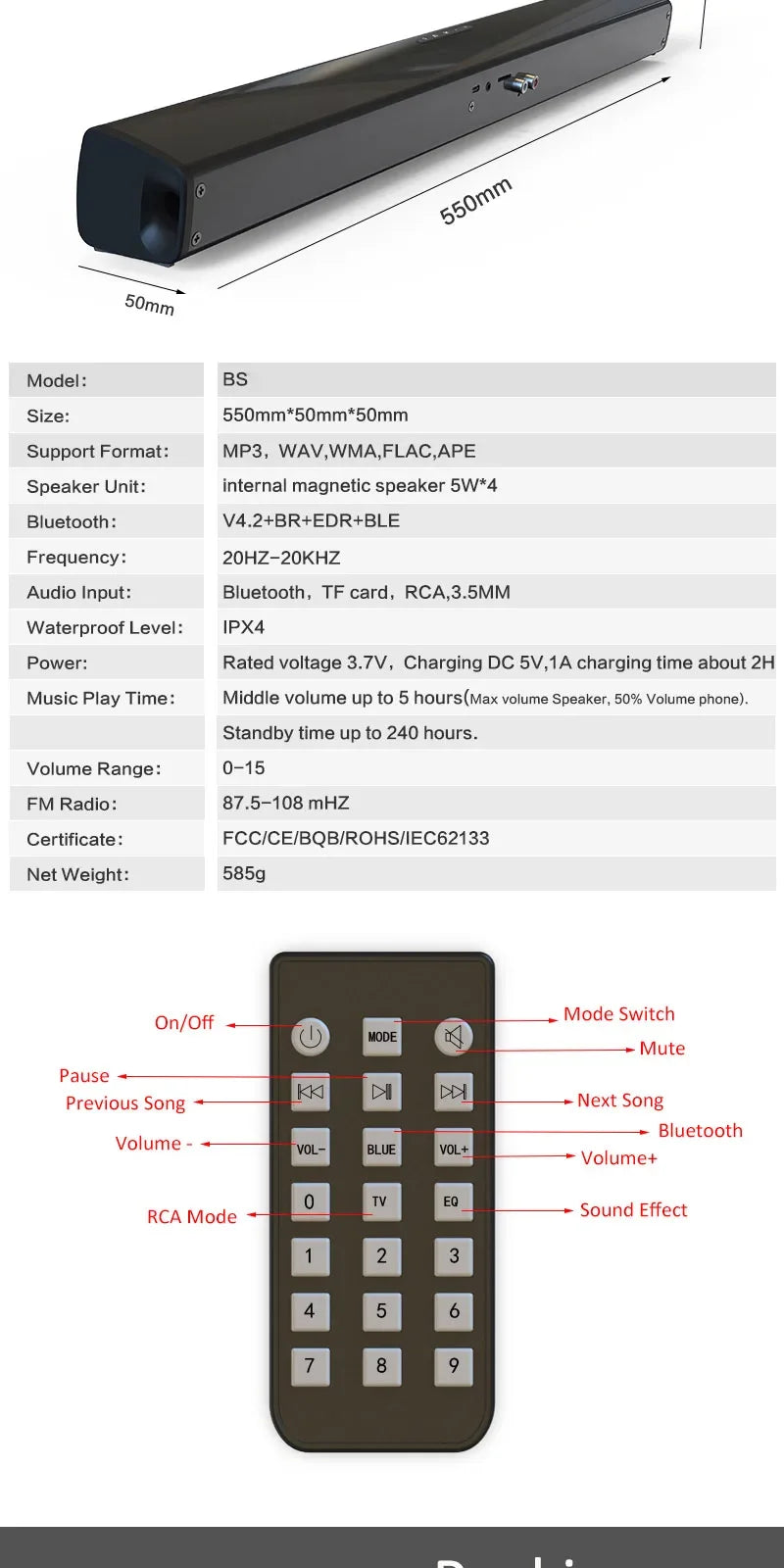 Bluetooth Speaker Column High Power Portable Speaker TV SoundBar for Computer Music Center Boom Box with TF AUX USB Radio