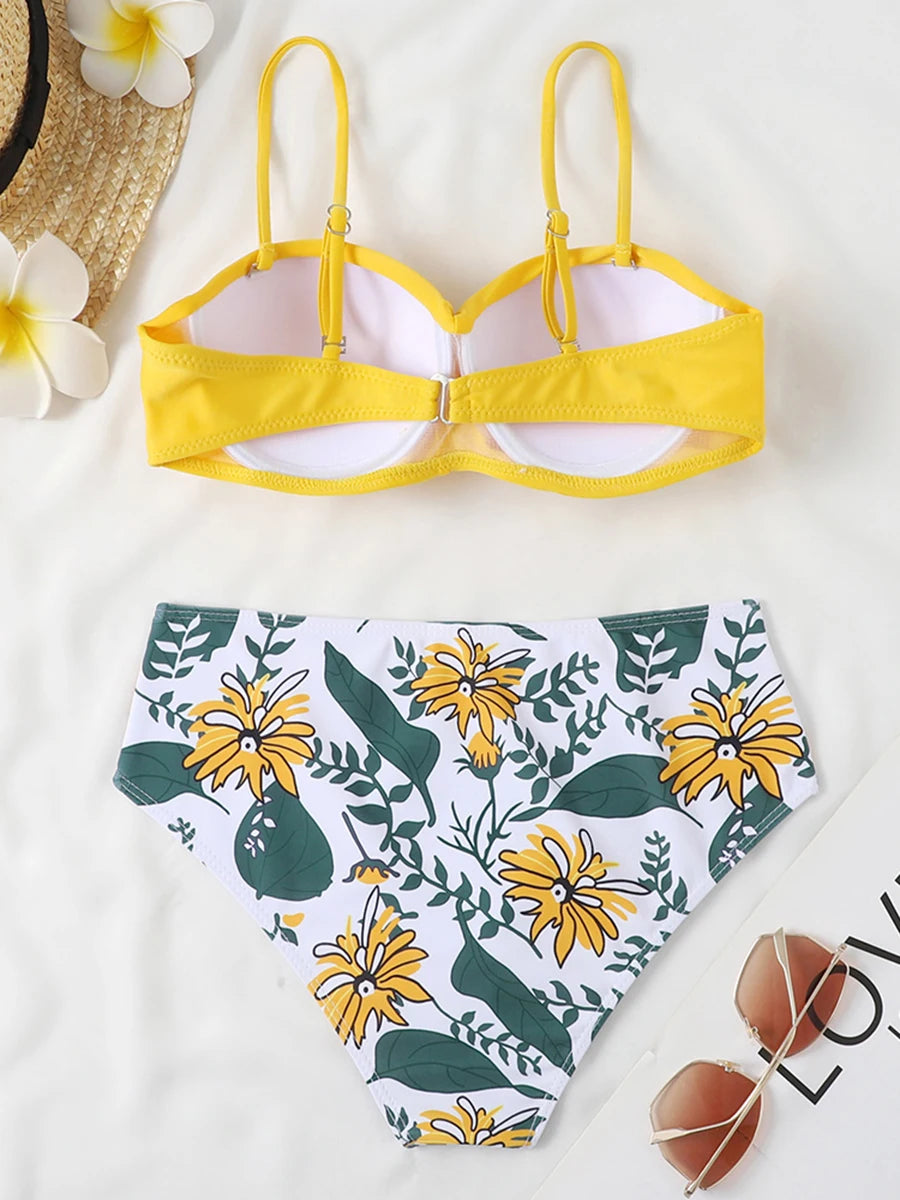 2026 Bandeau Swimsuit Women High Waist Bikini Printed Swimwear Female Padded Bathers Bathing Swimming Swim Suit Beachwear