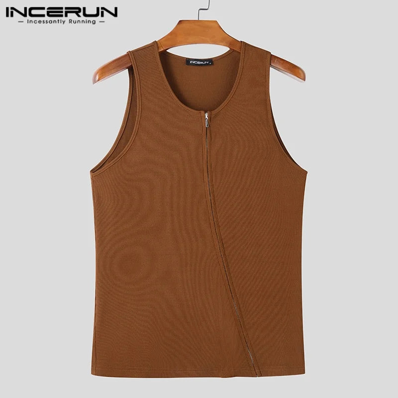2025 Men Tank Tops Solid Color Knitted Zipper Sleeveless Male Vests Summer Streetwear Skinny Fashion Men Clothing S-3XL INCERUN