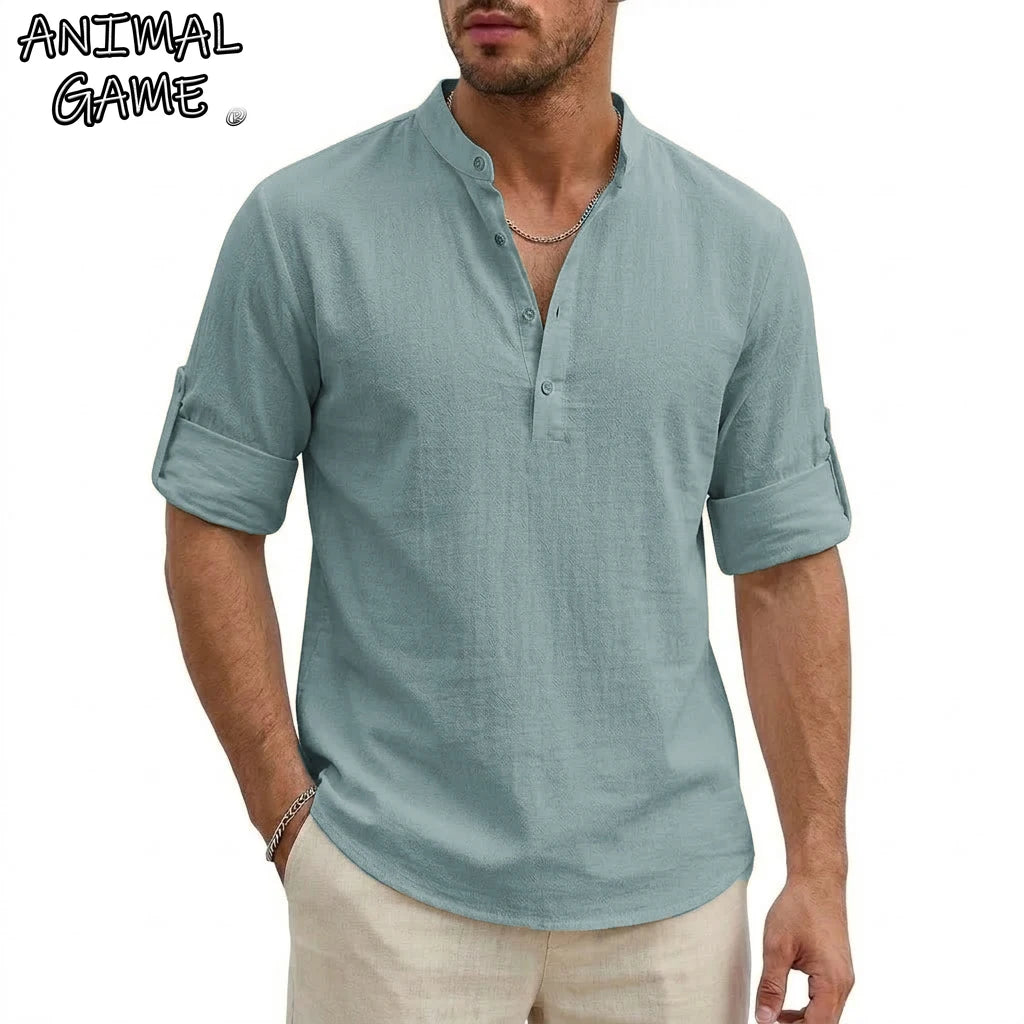 Luxury Mens Cotton Shirts Henley Casual Long Sleeve T-Shirts Beach Hawaiian Summer Linen Shirt for Men Gym Man Casual Tshirts