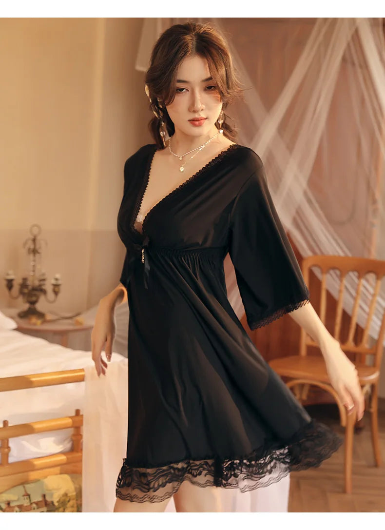 Fdfklak M-3XL Women’s Nightgowns Sexy Lace Deep V Neck Sleepshirt Mesh Short Sleeve Summer Nightdress Female Nightwear Dress