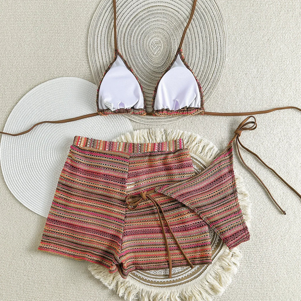 Sexy Crochet Bikini Set 2026 Women Coffee Contrast Striped High Waist Panties 3 Piece Swimsuit Bathing Suit Knitted Swimwear