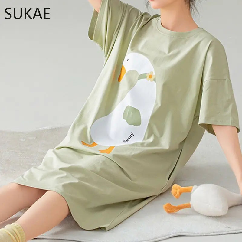 100% COTTON! SUKAE Summer New Women Lovely Sleepshirt Fashion Nightgowns Leisure Dress Casual Nightdress Short Sleeves Nightgown