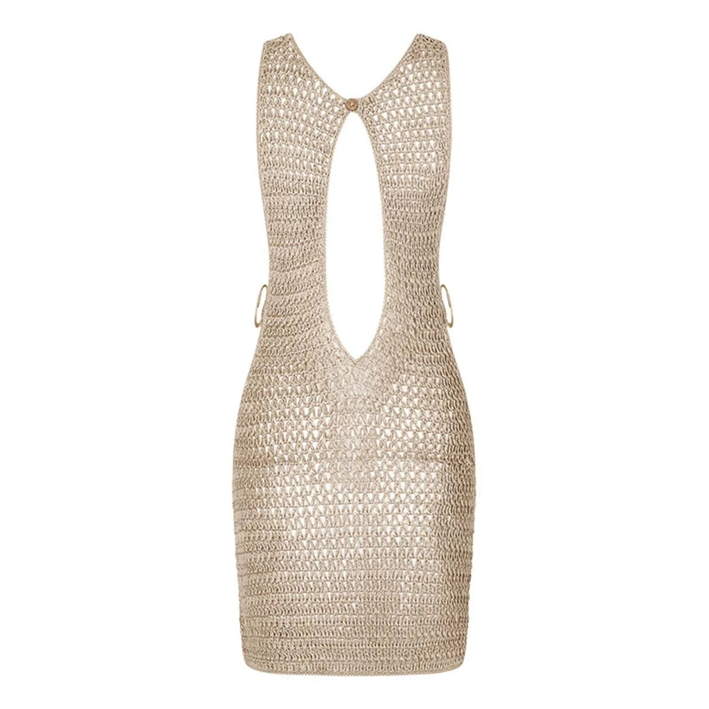 2025 Sexy Cut Out Crochet Knitted Beach Dress Woman Summer Backless Tunic Beach Cover Ups Short Dress Beach Wear Women Swimsuit