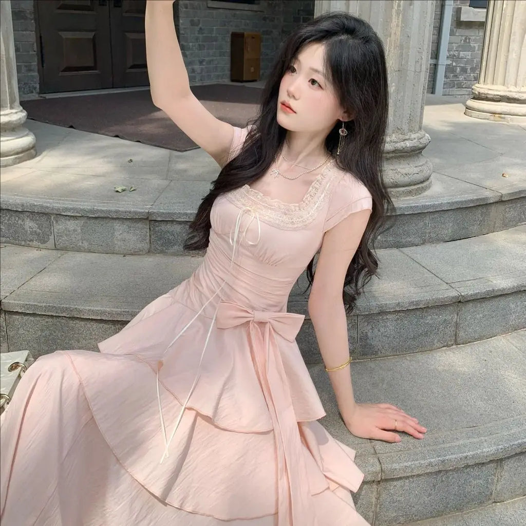 Pink Square Collar Korean Style Long Dress Women Japan Style Sweet Elegant Fairy Dress Female Fashion Summer Casual Party Dress