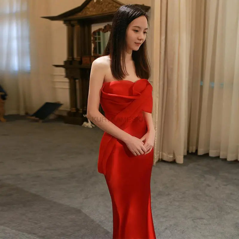 Elegant Long Prom Evening Guest Party Mermaid Trailing Dresses for Women 2022 Summer Satin Sexy Strapless Slim Cocktail Dress