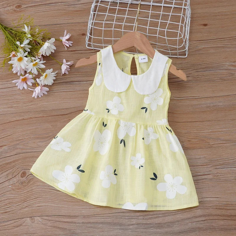 2026 Summer Baby Girls Korean Version Style Sleeveless Peter Pan Collar Sundress Children Cotton Linen Princess Dress 0-6Years