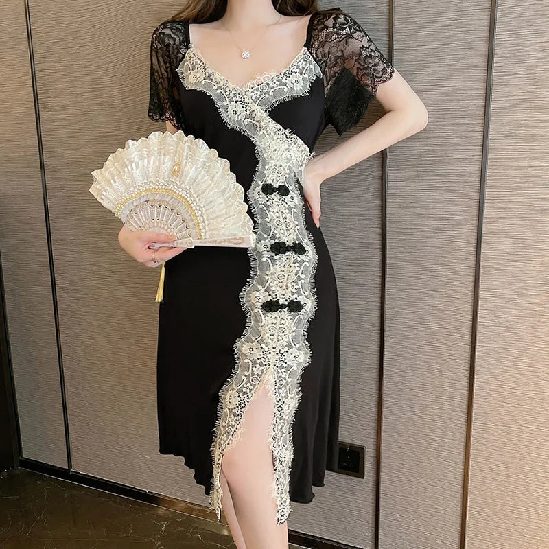 Sexy Summer Sleepwear Womens Lace Silk Satin Night Dress Short Sleeve Homewear V-Neck Split Hem Soft Loungewear Female Clothes