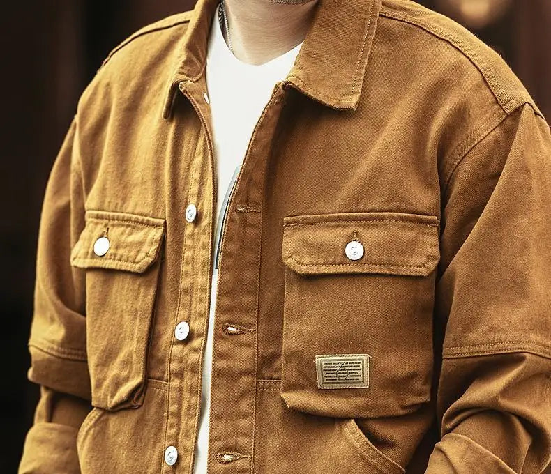 Cargo Oversize Cowboy Coat for Men Brown Cotton Denim Jackets Man Joker of Fabric Korea Japanese Retro Outwear Size L Lxury Worn