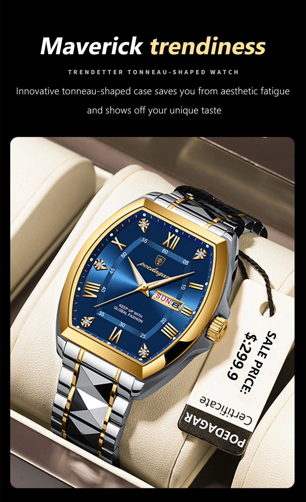 POEDAGAR Luxury Tonneau Men Watch Luminous Waterproof Date Week Man Watch Stainless Steel Fashion Original Men's Quartz Watches
