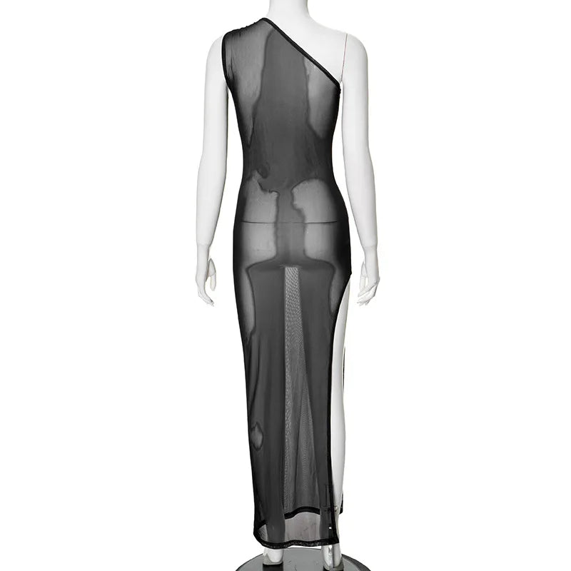 Mesh See Through Y2K Print Bodycon Sexy Party Club Maxi Split Dress Women Summer One Shoulder Backless Beach Long Dresses Outfit
