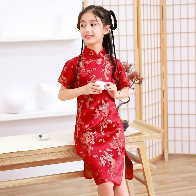 Summer Modern Cheongsam Children Girls Dresses Baby Fashion Kids Clothes Chinese Style Girl Dress Vestidos Casual Qipao Costumes