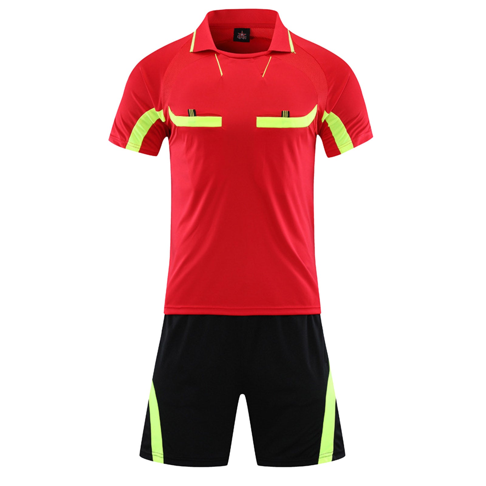 Mens Soccer Jersey Referee Outfit Football Match Uniform Tracksuit Turn-Down Collar Short Sleeve Pockets T-shirt with Shorts