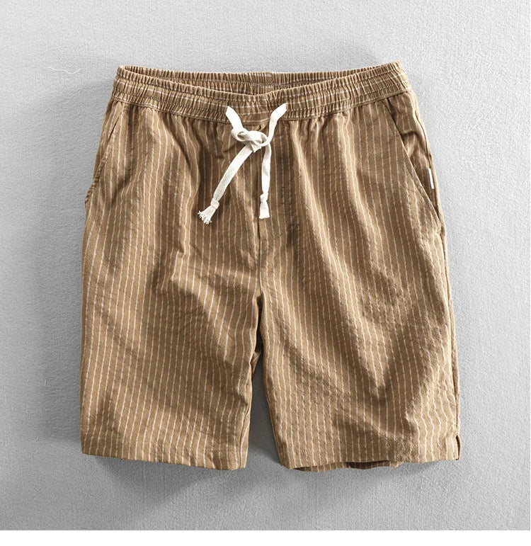 Summer Cotton Beach Shorts Pants For Men Casual Breathable Comfortable Striped Loose Drawstring Cropped Youth Man Shorts Pants