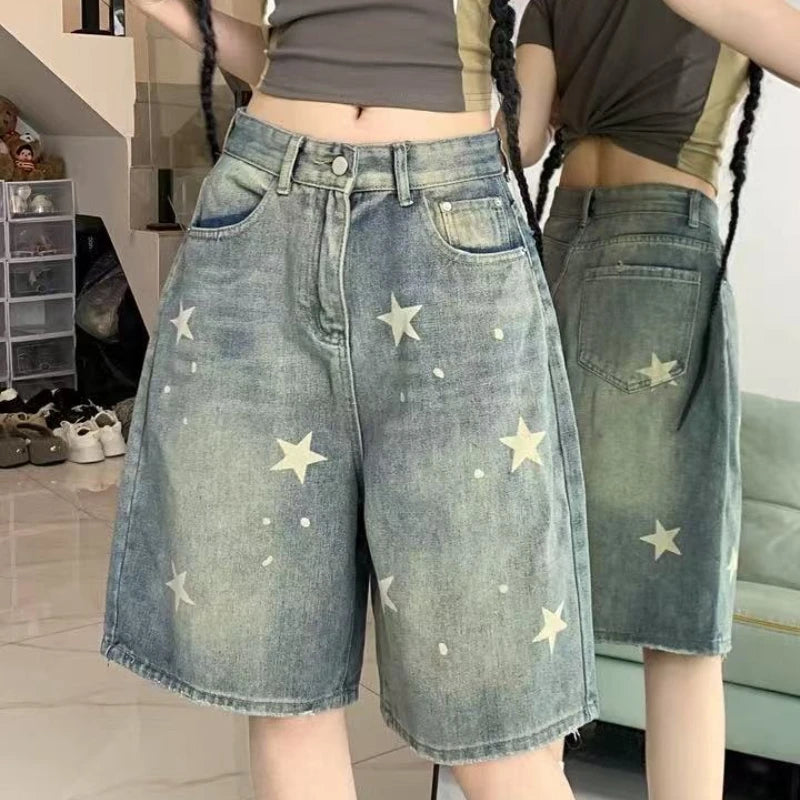 Deeptown Y2k Vintage Harajuku Denim Shorts Women Washed Letter Embroidery Tassels American Retro Jeans Man Baggy Hip Hop Jorts