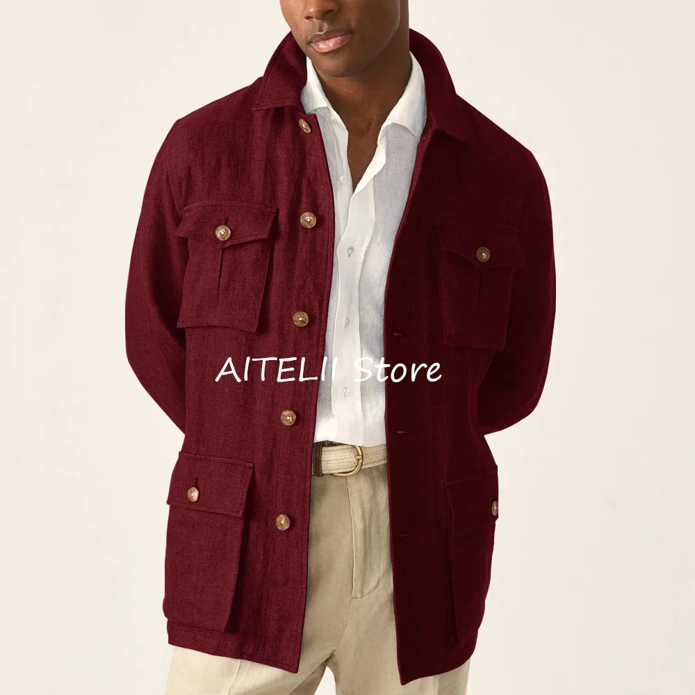 Suit Jackets Linen Elegant Sack of Man Men's Jacket Blazers for Man Lapel Suits Single-breasted Casual Clothes Four Pockets