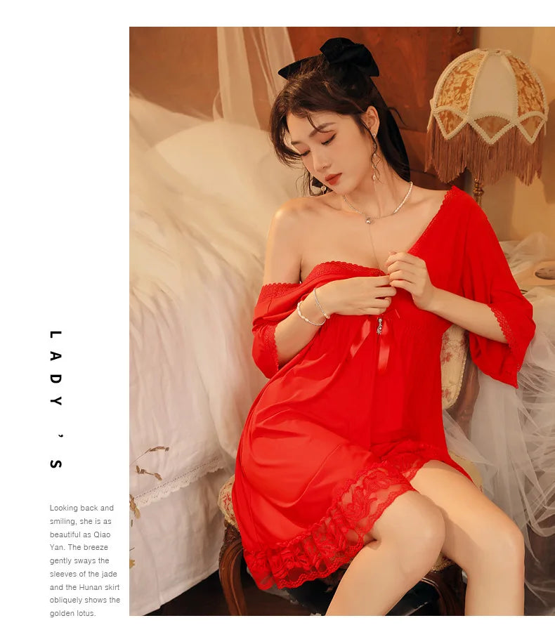 Fdfklak M-3XL Women’s Nightgowns Sexy Lace Deep V Neck Sleepshirt Mesh Short Sleeve Summer Nightdress Female Nightwear Dress