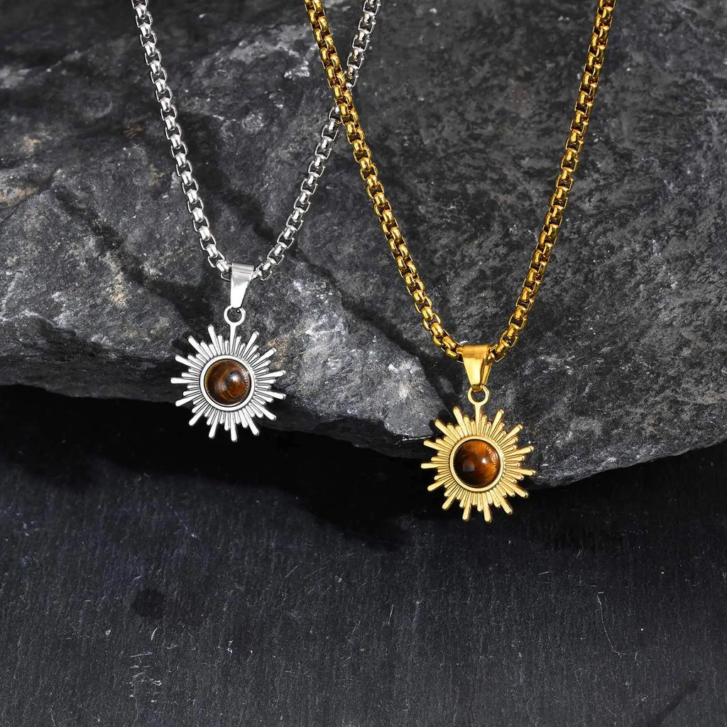 Trendy Sunflower Necklace for Men Boys,Stainless Steel Natural Stone Pendant,Jewelry Gift for Husband Dad Son BBF