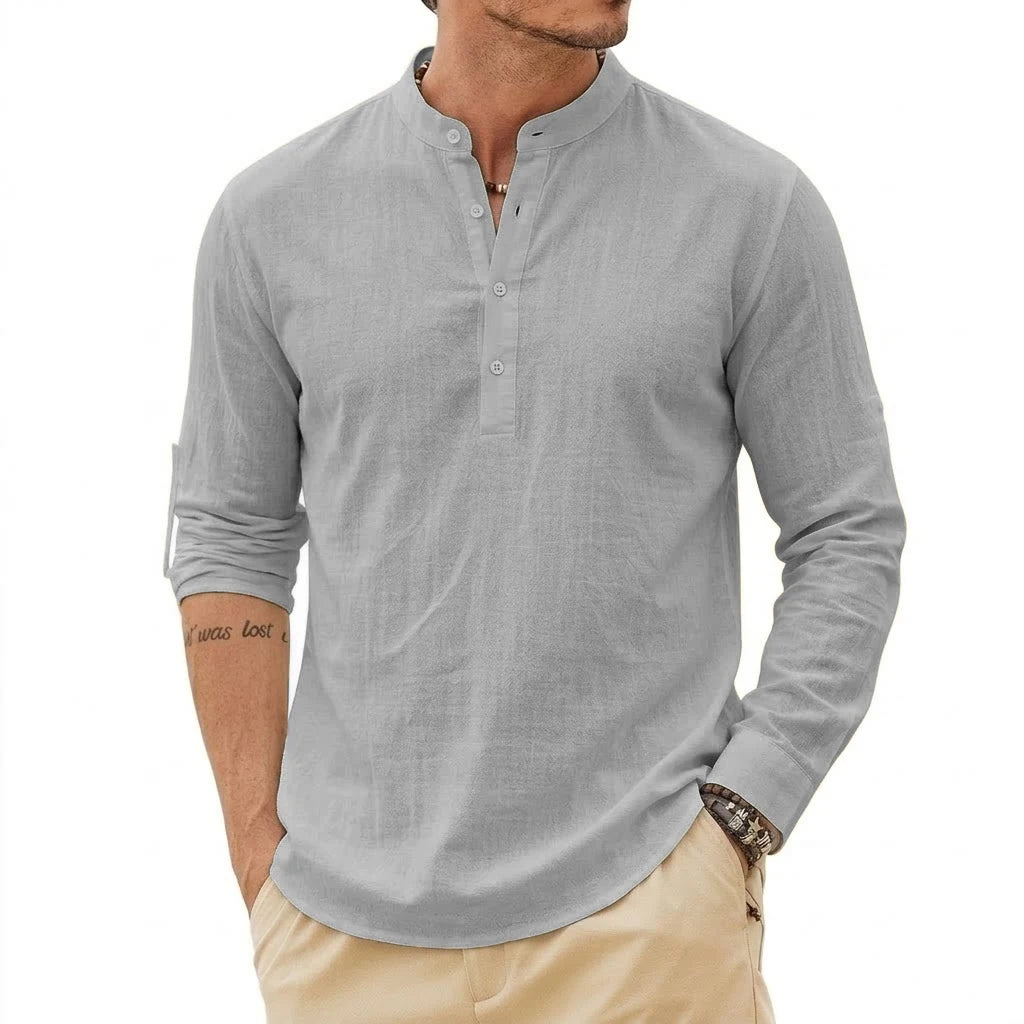 Fashion Mens Linen Shirts Luxury Henley Casual T-Shirts Long Sleeve Cotton T-Shirts Beach Hawaiian Summer Shirt for Men Gym Man